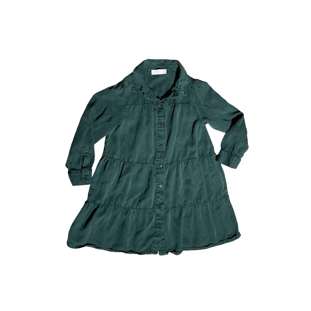 Mango Girls Green Lyocell Tiered Shirt Dress Button Front Size 6